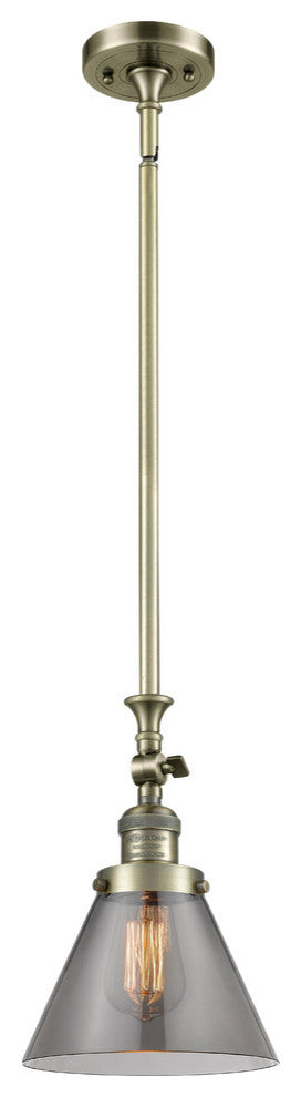 Large Cone 1-Light LED Pendant, Antique Brass, Glass: Smoked