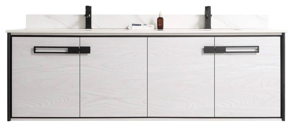 Oakville Wall Mount Bathroom Vanity, Mild Grey Oak, 72", Black Hardware