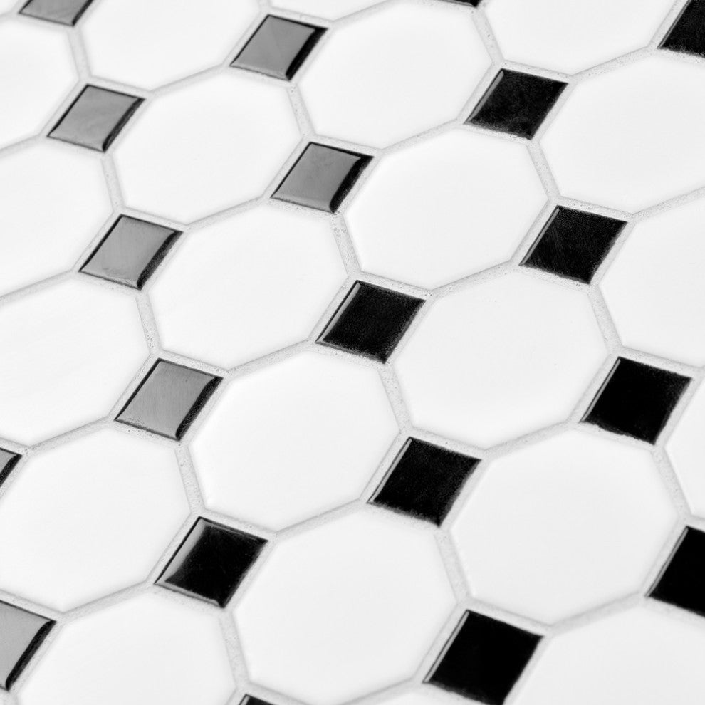 Metro Octagon Matte White w/ Black Dot Porcelain Floor and Wall Tile