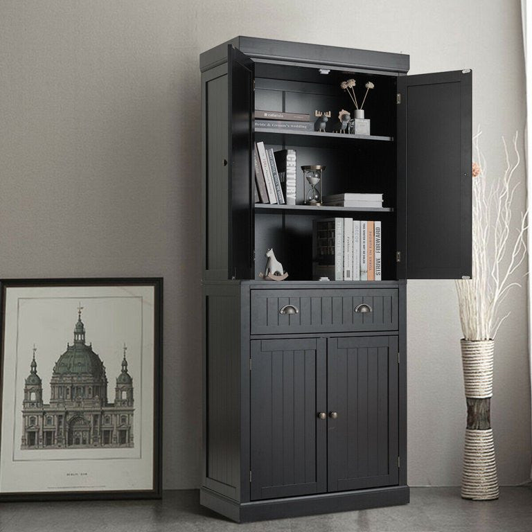 Classic Pantry Cabinet, 2 Large Doors With Drawer & Adjustable Shelves, Black