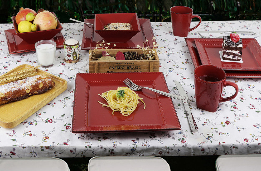 16 Piece Square Beaded Stoneware Dinnerware set by Lorren Home Trends, Red