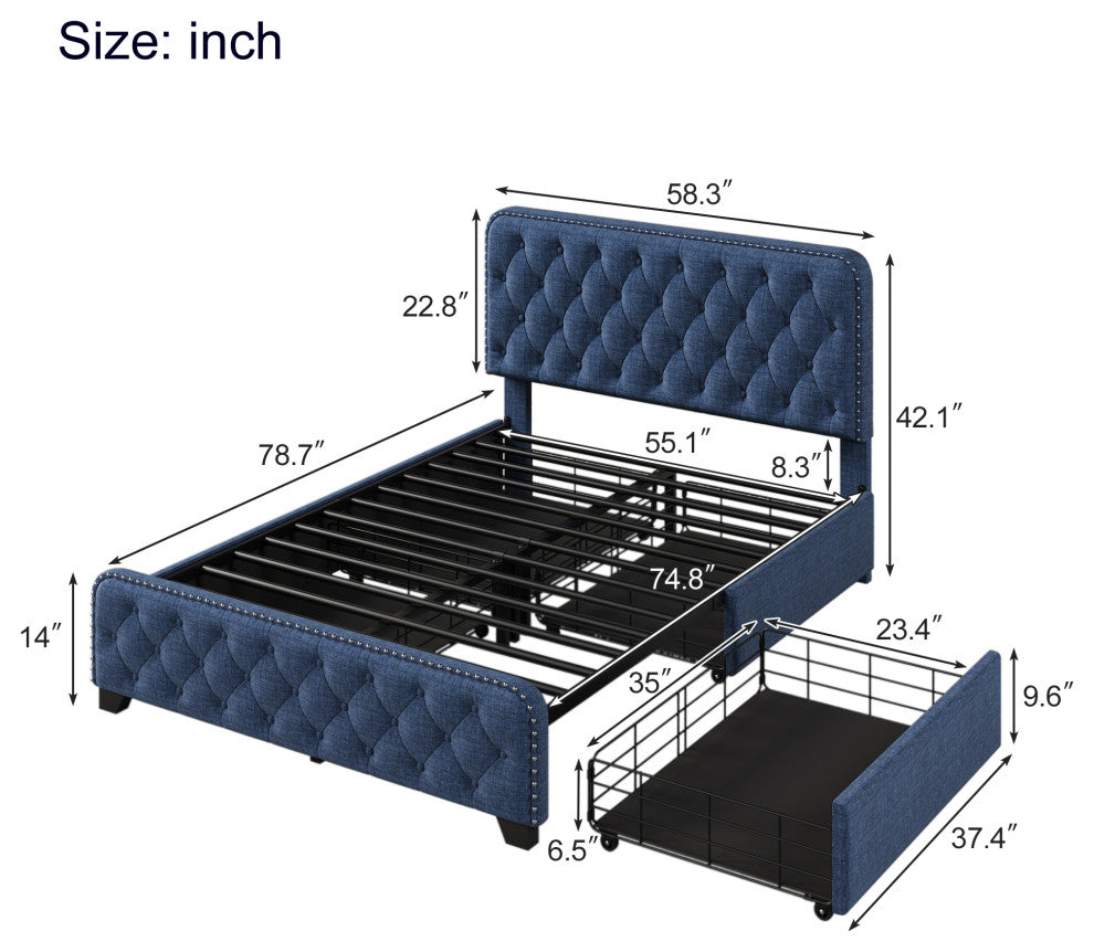 Metal Platform Bed with Headboard, Upholstered and 4-Drawer, Blue, 78.7" X 58.3"