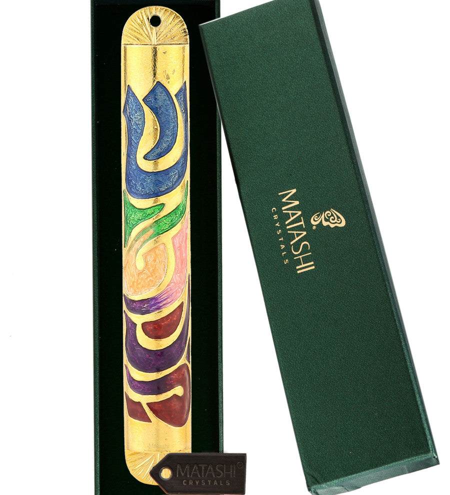 Matashi Gold Hand Painted Multicolor Enamel Mezuzah w Hebrew Shin for Home Door