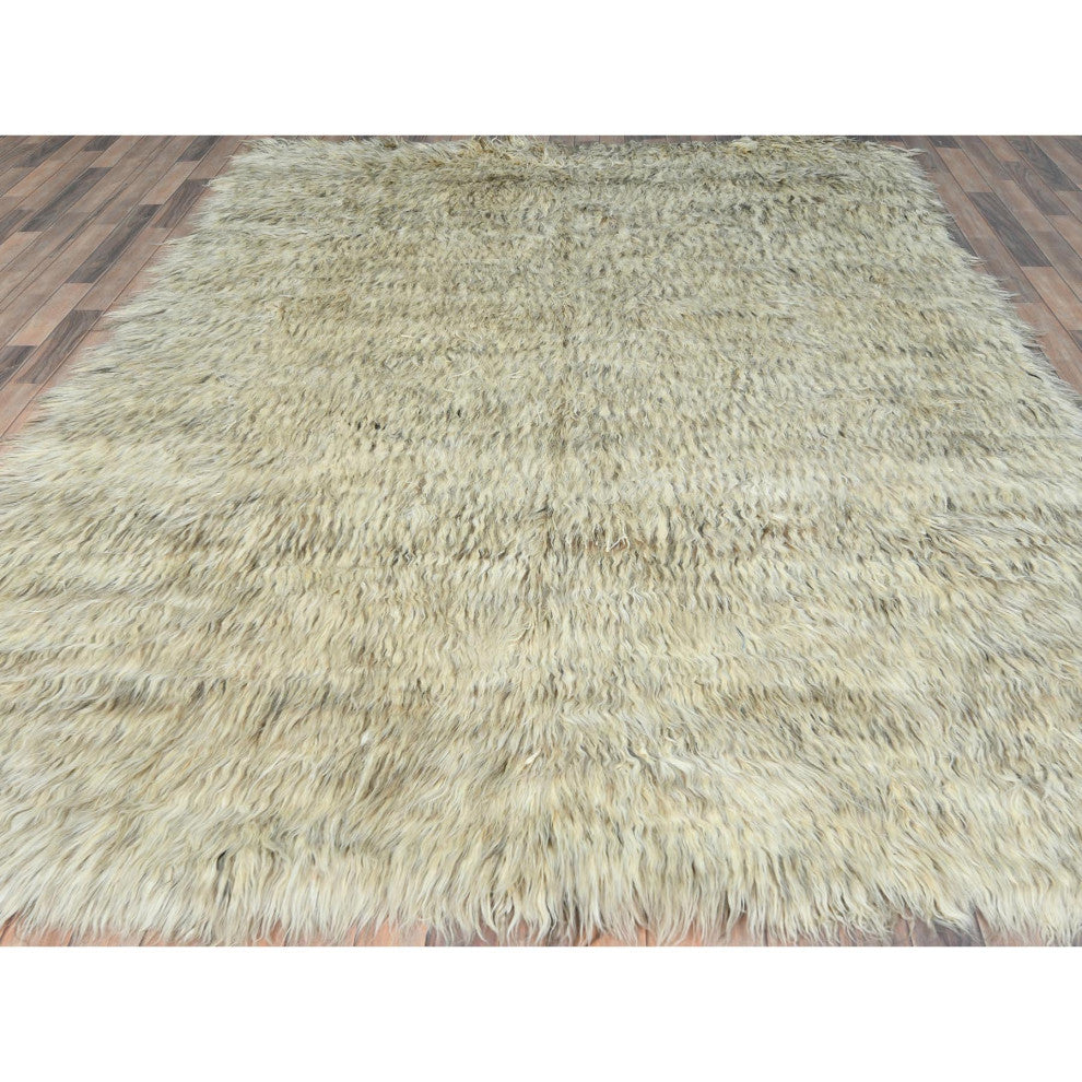 Gray, Undyed Natural Wool Hand Knotted, Shaggy Moroccan Rug, 7'7"x9'10"