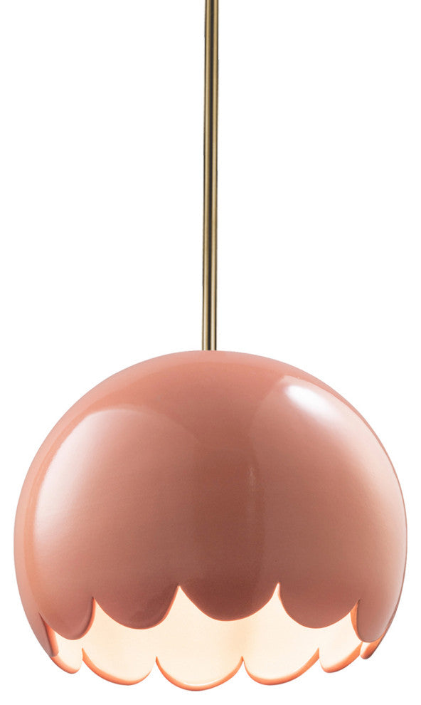 Radiance Scallop Pendant, Gloss Blush, Antique Brass, Rigid Stem, E26