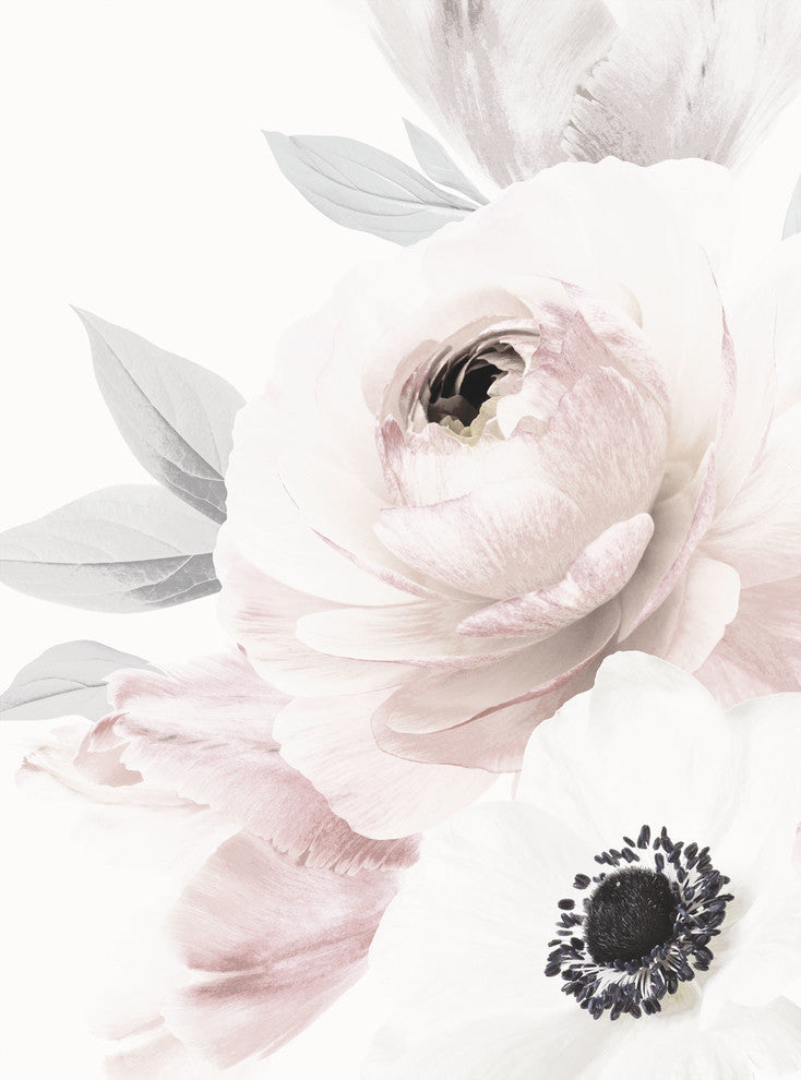 Floral Mural Wall Art Peel and Stick Vinyl Wallpaper, Romantic Pink Grey, 24"w X 96"h
