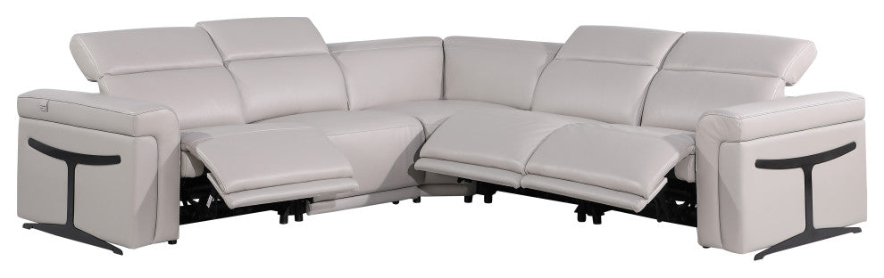 Giovanni 5-Piece 3-Power Reclining Italian Leather Sectional, Light Gray