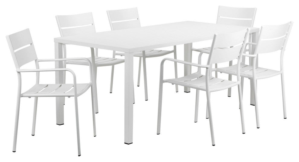 Benzara BM287800 Outdoor Dining Table, Chairs Set, White, Plank Seat and Backs