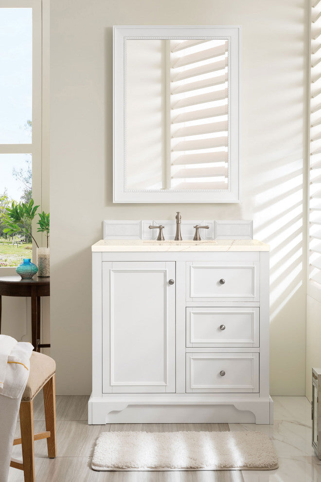 De Soto 36" Single Vanity, Bright White, 3CM Eternal Marfil Quartz Top
