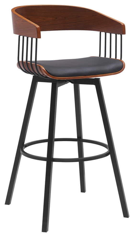 Athena 27" Swivel Walnut Wood Counter Stool Black Faux Leather With Black Metal, 31