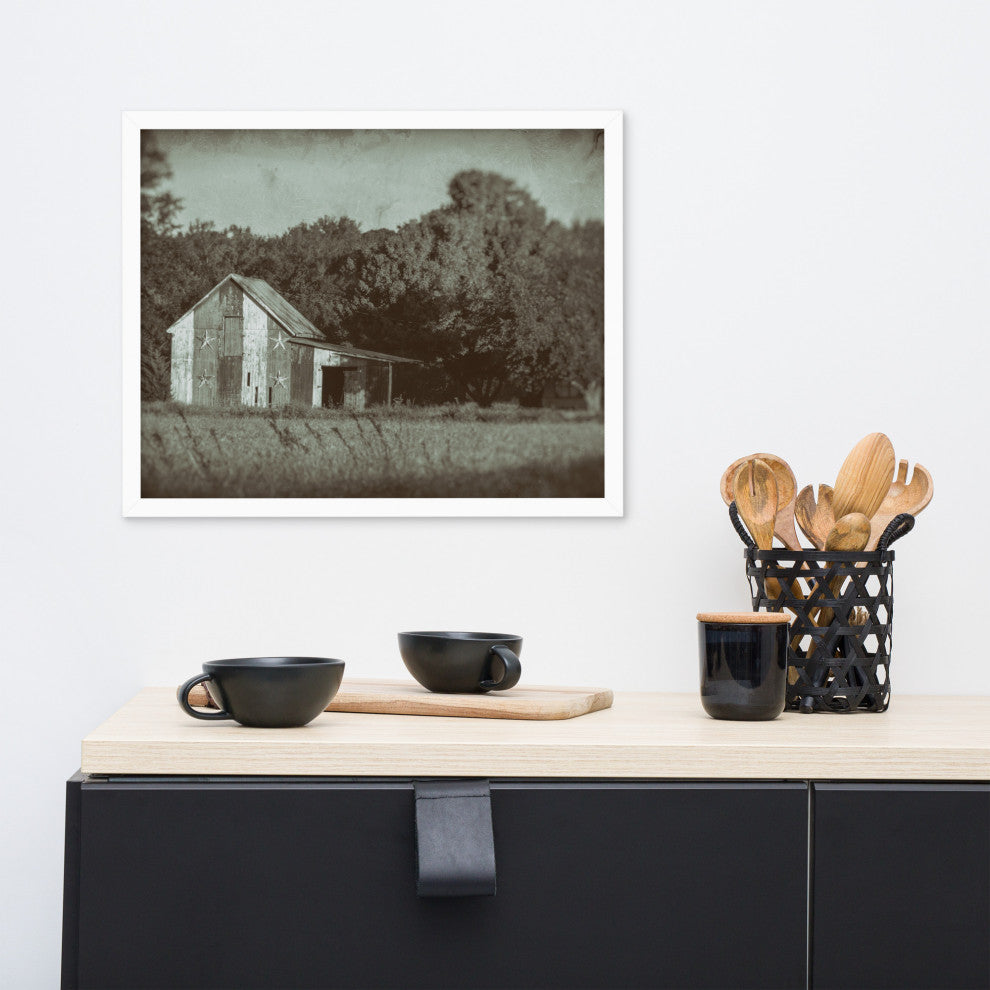 Patriotic Barn in Field Vintage Black and White Framed Photo Wall Art Print, White, 16" X 20"