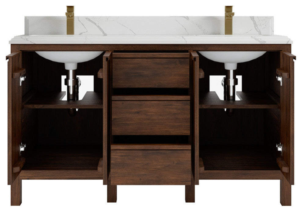 Elizabeth 60 Double Bathroom Vanity in Dark Walnut Teak 1.5" Calacatta Laza