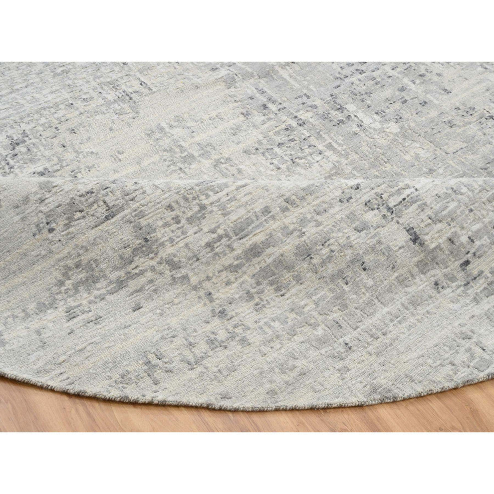 Gray Hand Knotted Modern Natural Wool Round Oriental Rug, 13'9"x13'9"
