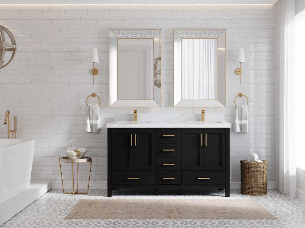 Malibu 60" Double Sink Bathroom Vanity in Black 2" Calacatta Sienna
