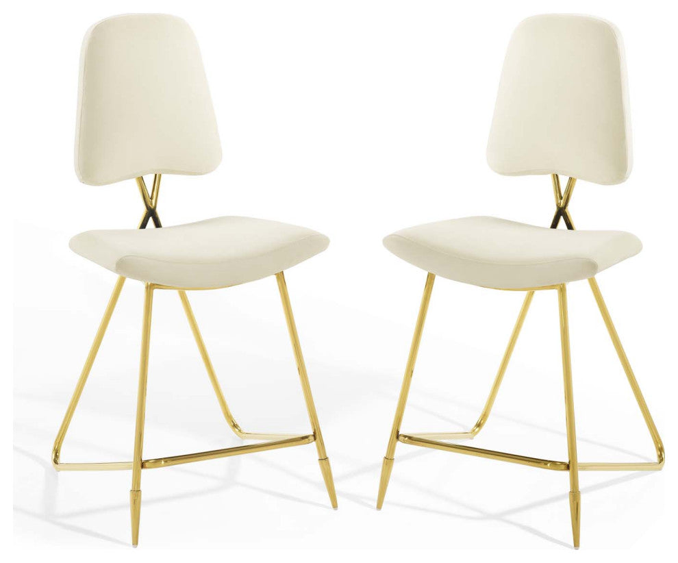 Counter Stool Chair, Set of 2, Velvet, Metal, Ivory White, Modern, Bar Pub