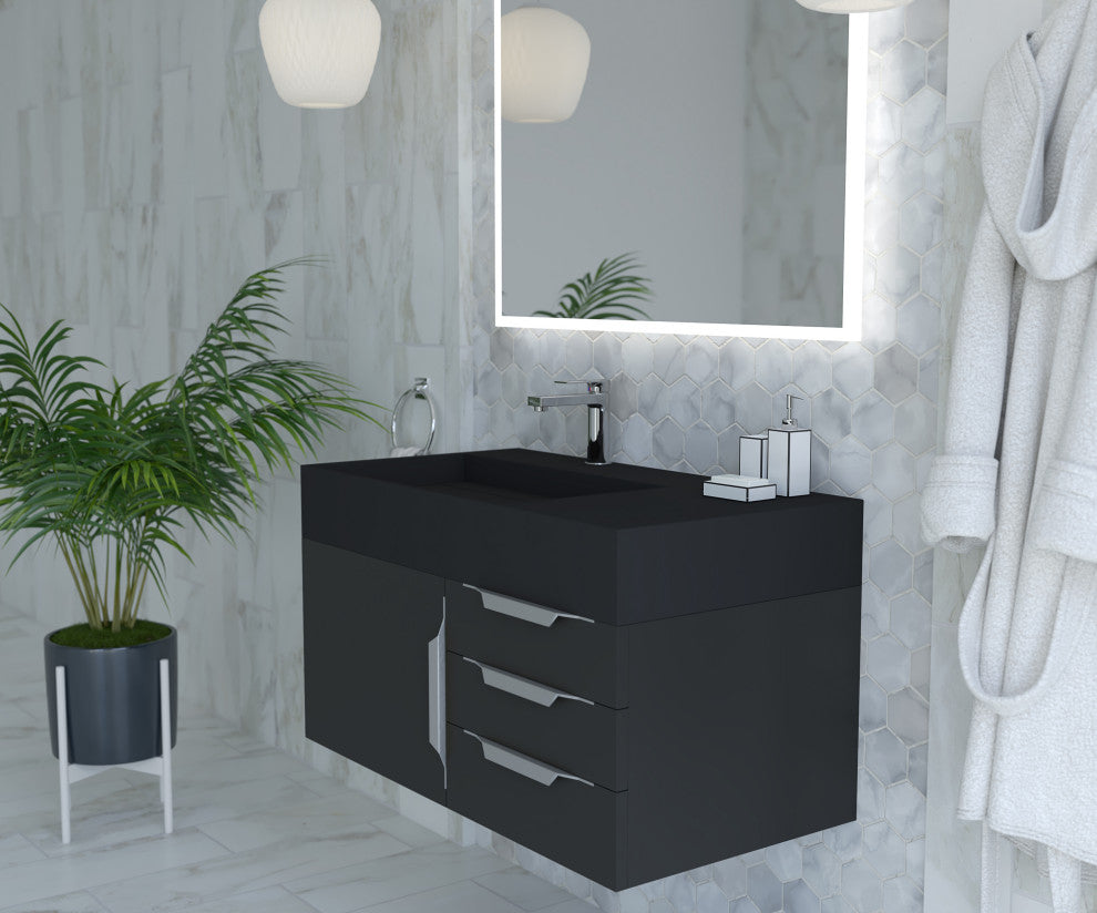 CastelloUSA Amazon 36" Wall Mount Vanity Set, Black, Black Top, Chrome Handles