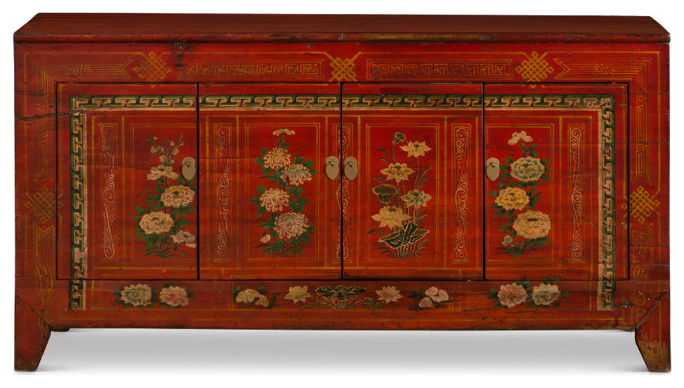 Elmwood Distressed Red Dong-Bei Oriental Cabinet