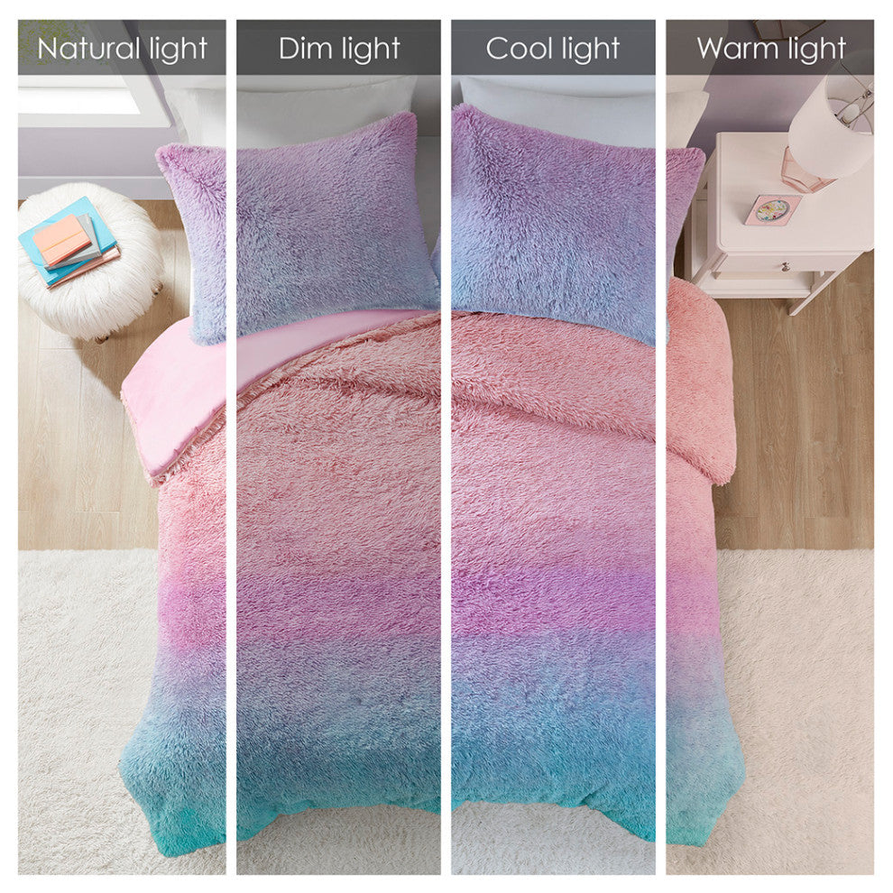Mi Zone Primrose Ombre Shaggy Faux Fur Comforter Set, Purple Multi