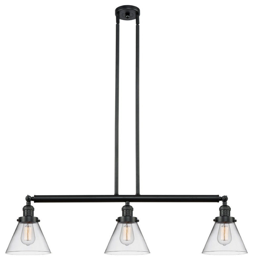 Large Cone 3-Light Island Light, Clear Glass, Matte Black