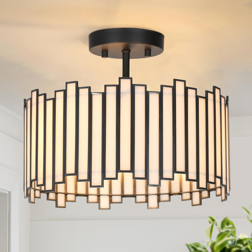 LNC 3-Light Tiffany Glass LED Semi-Flush Mount Light, Matte Black
