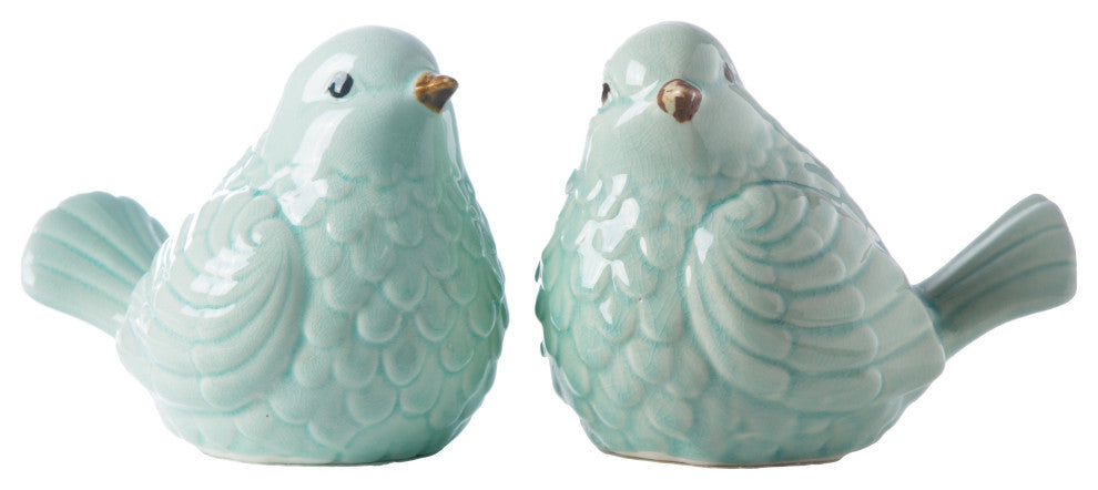 Ceramic Sitting Bird Figurine Gloss Light Blue Finish, ASST of 2