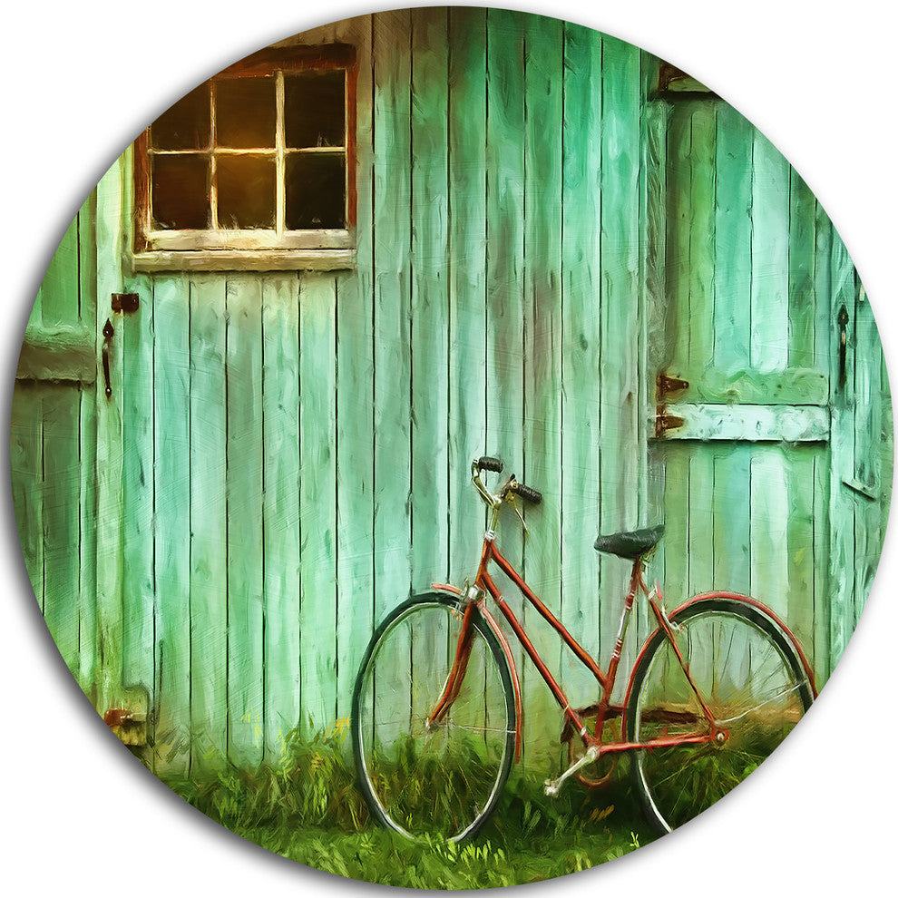 Old Bicycle Against Barn, Landscape Photo Round Wall Art, 36"