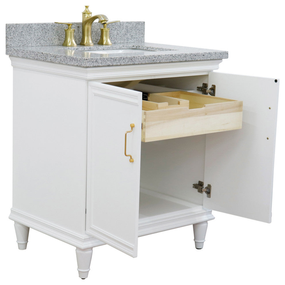31" Single Vanity, White Finish With Gray Granite And Rectangle Sink