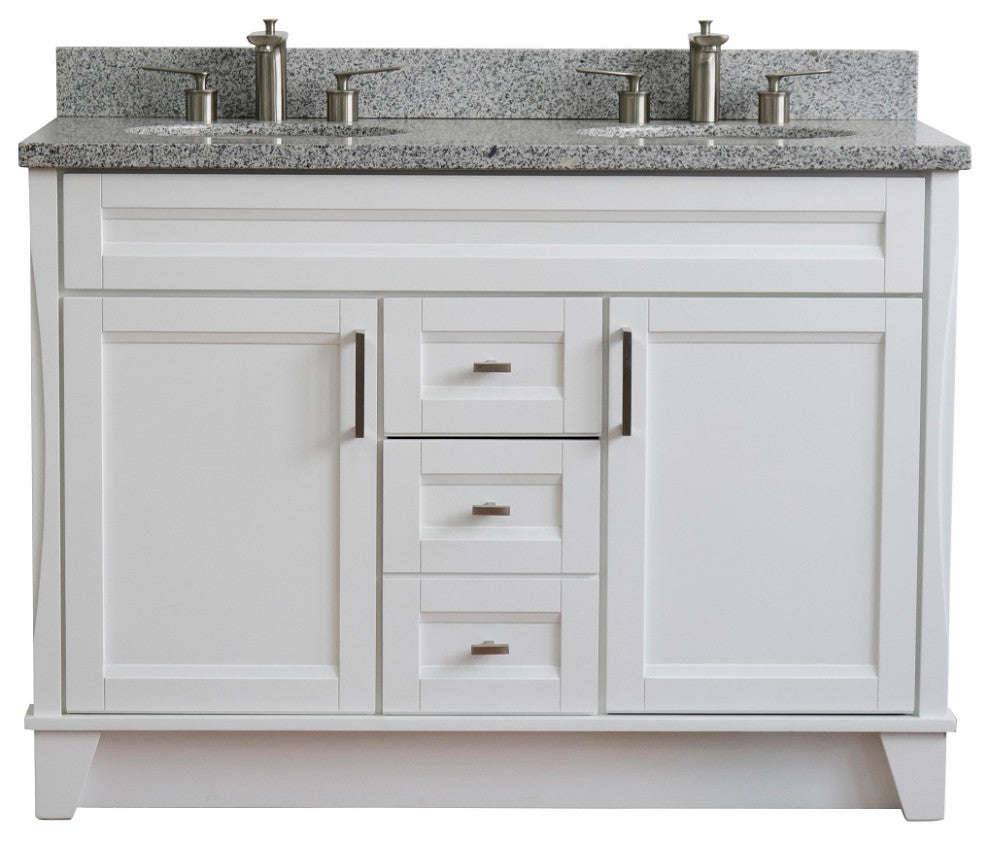 48" Double Sink Vanity, White Finish With Gray Granite And Oval Sink