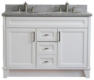 48" Double Sink Vanity, White Finish With Gray Granite And Oval Sink