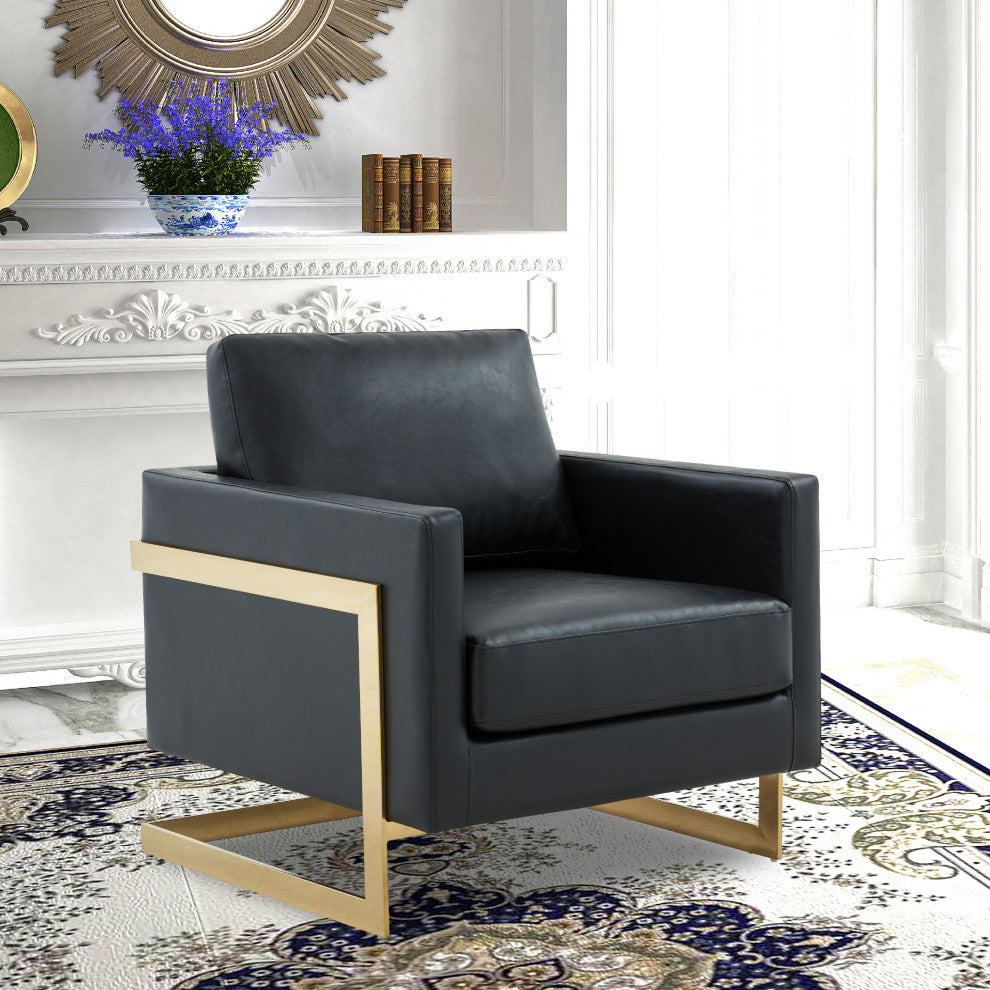 LeisureMod LA31BL-L Lincoln Black Leather Accent Armchair With Gold Frame