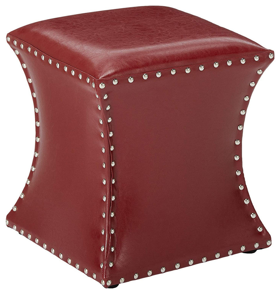 Rylen Nailhead Trim Upholstered Square Stool Ottoman, Red