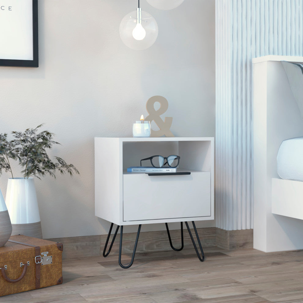Vienna Modern Bedroom Nightstand with Cabinet and Hairpin Legs, White