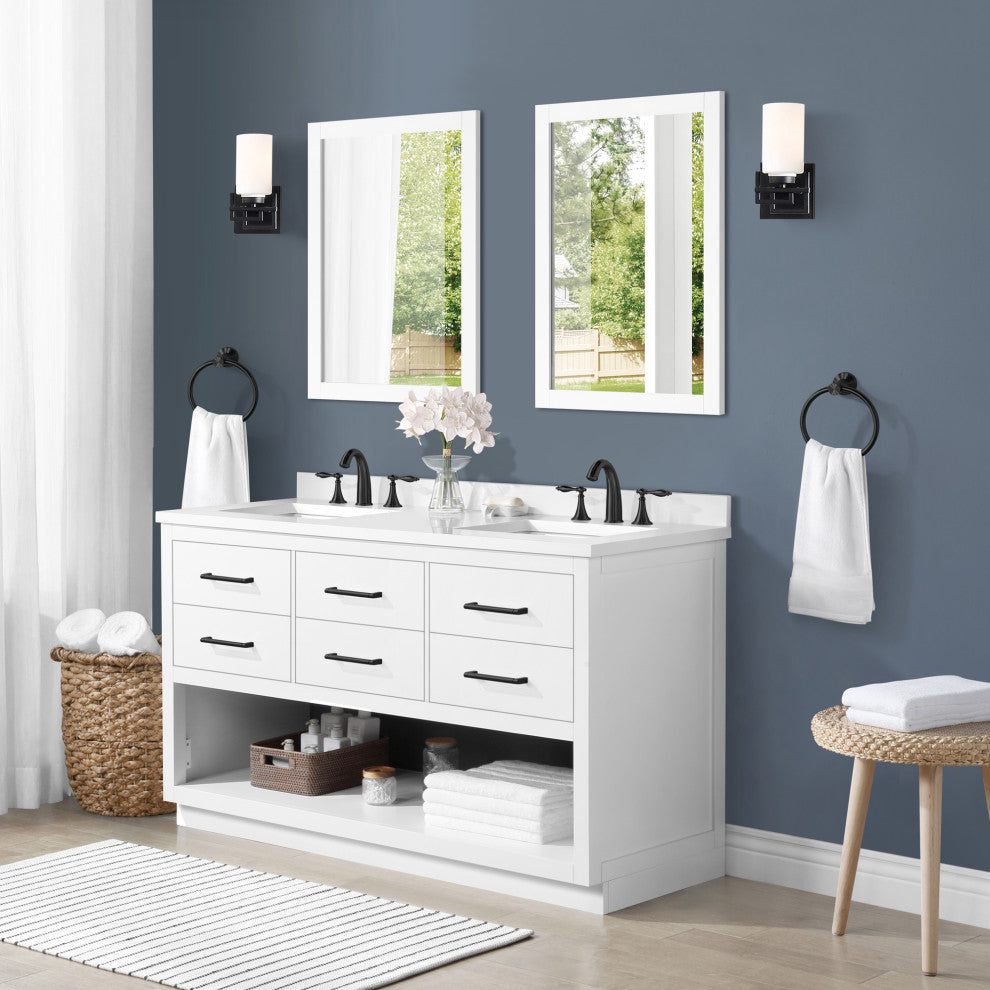 Ove Decors Rider 60" Double Sink Bathroom Vanity, White With Black Hardware