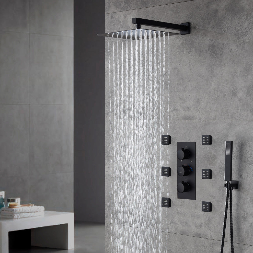 CASAINC 12" Wall Mounted 3 Way Thermostatic Luxury Shower System Set, Matte Black