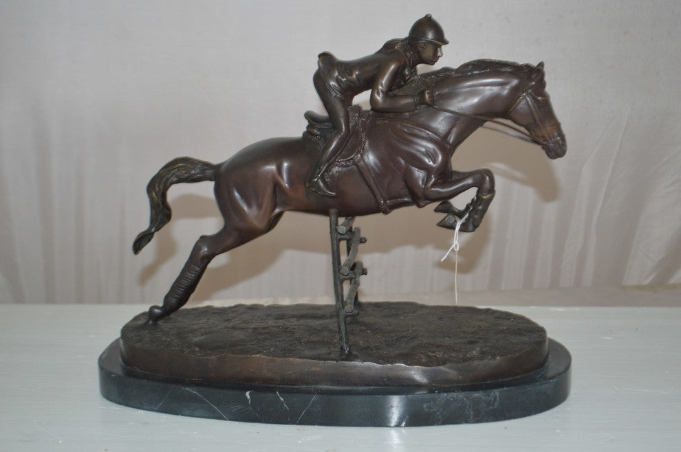 Jockey With Horse Jumping Over Hurdle Bronze Statue -  Size: 14"L x 9"W x 13"H