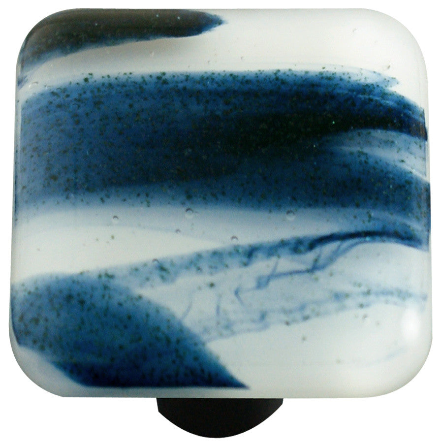 Square Glass Swirl Knob, Metalic Blue Clear Swirl