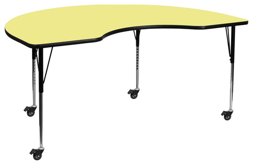 Mobile 48"x72" Kidney Yellow Thermal Laminate Activity Table, AdjustableLegs