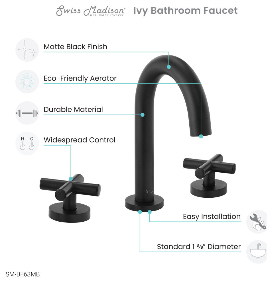 Ivy Courte 8 in. Widespread, Cross Handle, Bathroom Faucet, Matte Black