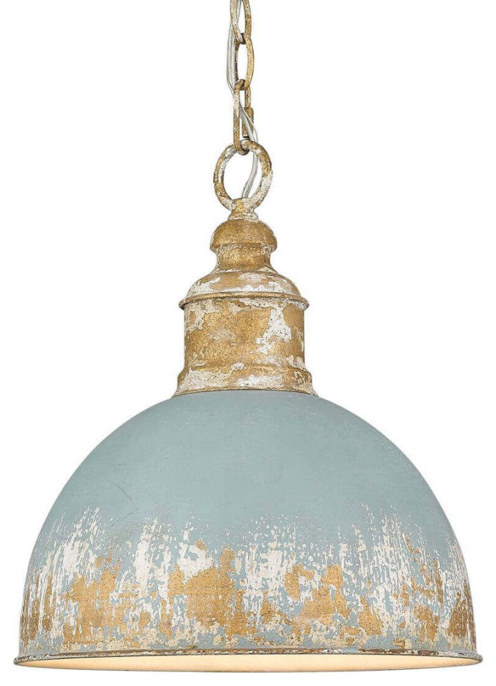 1 Light 12" Pendant, Vintage Gold With Teal Shade