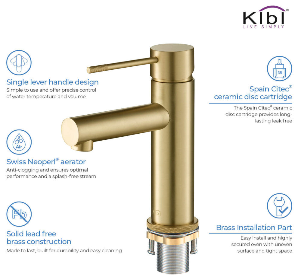 Circular X Brass Single Hole Bathroom Faucet KBF1010, Brush Gold, with Drain