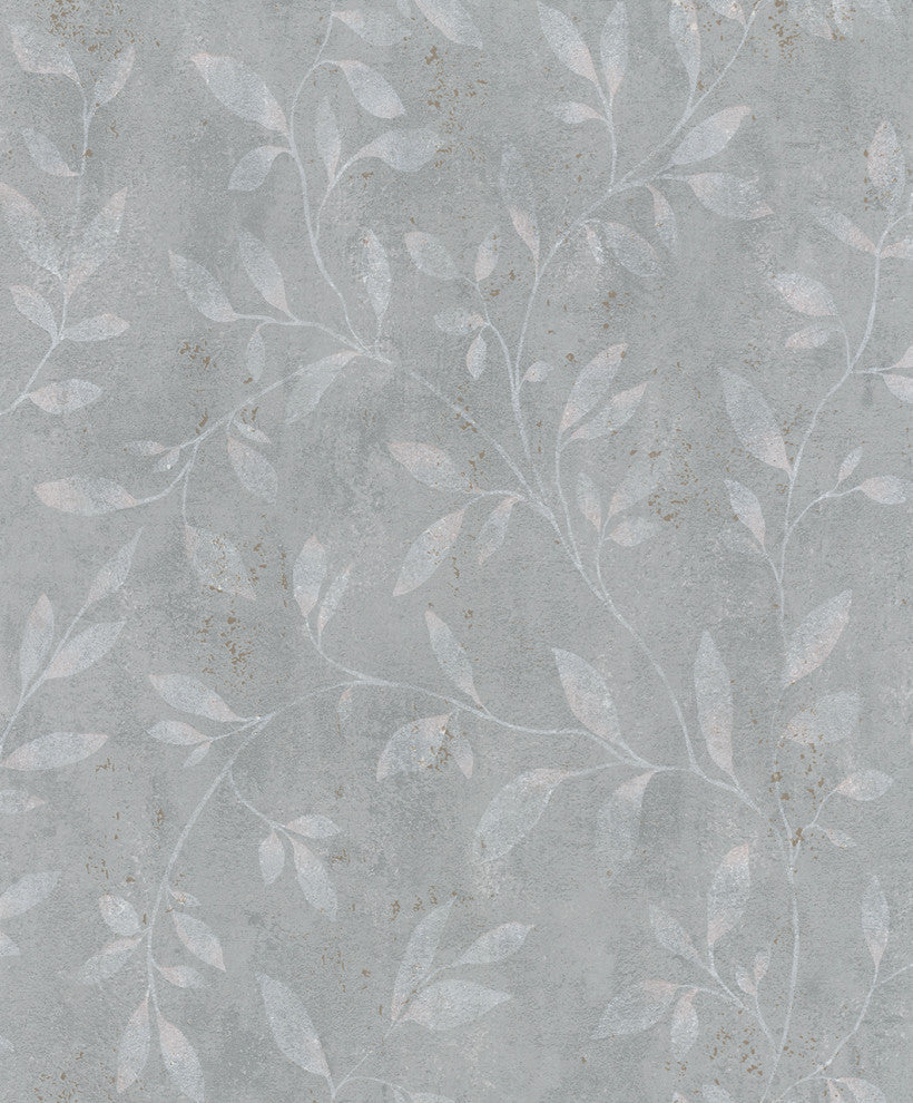 Floral Textured Wallpaper, Leaves on Concrete, Gray Silver Gold, Sample