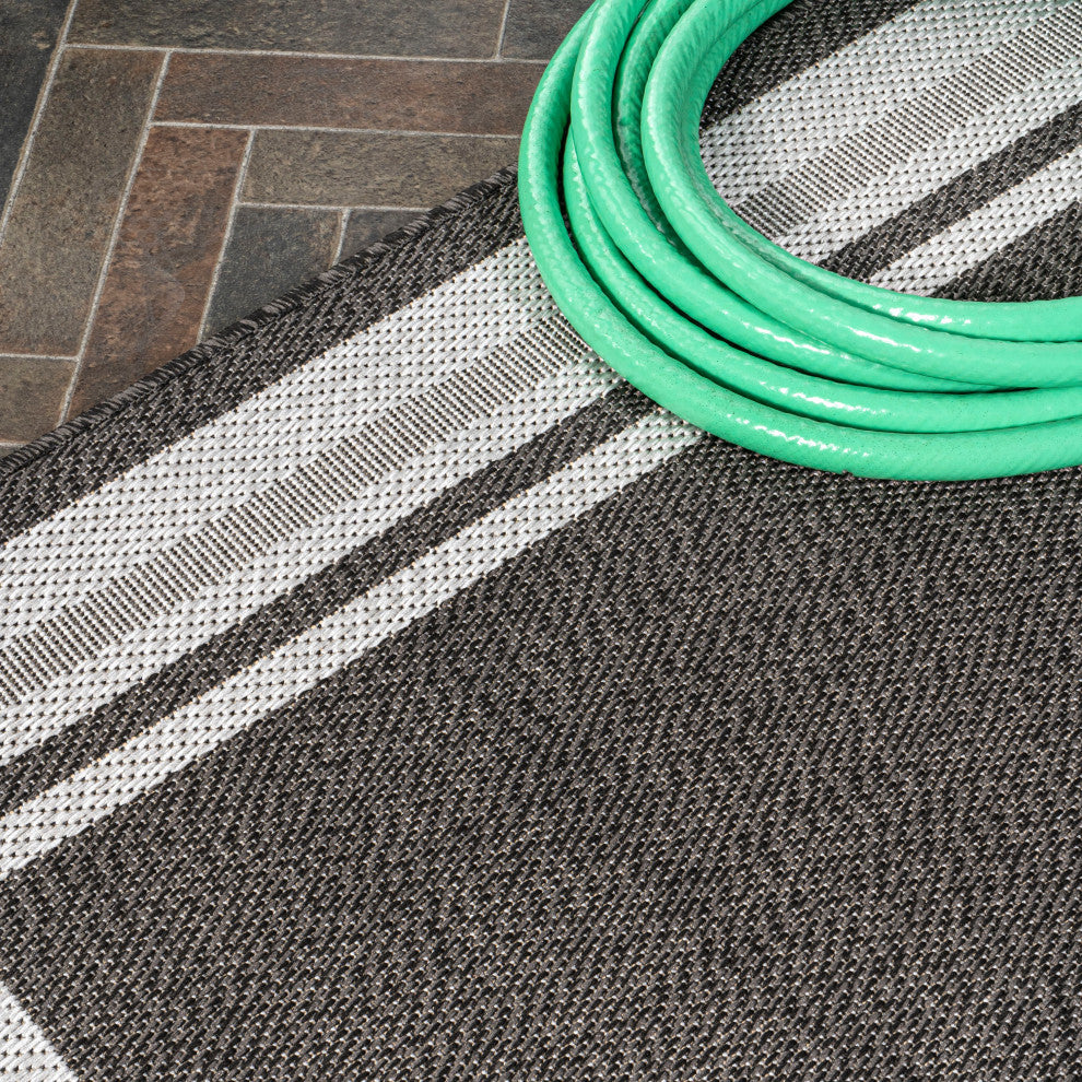 James Modern Border Stripe Indoor/Outdoor Area Rug, Black/Cream, 3x5