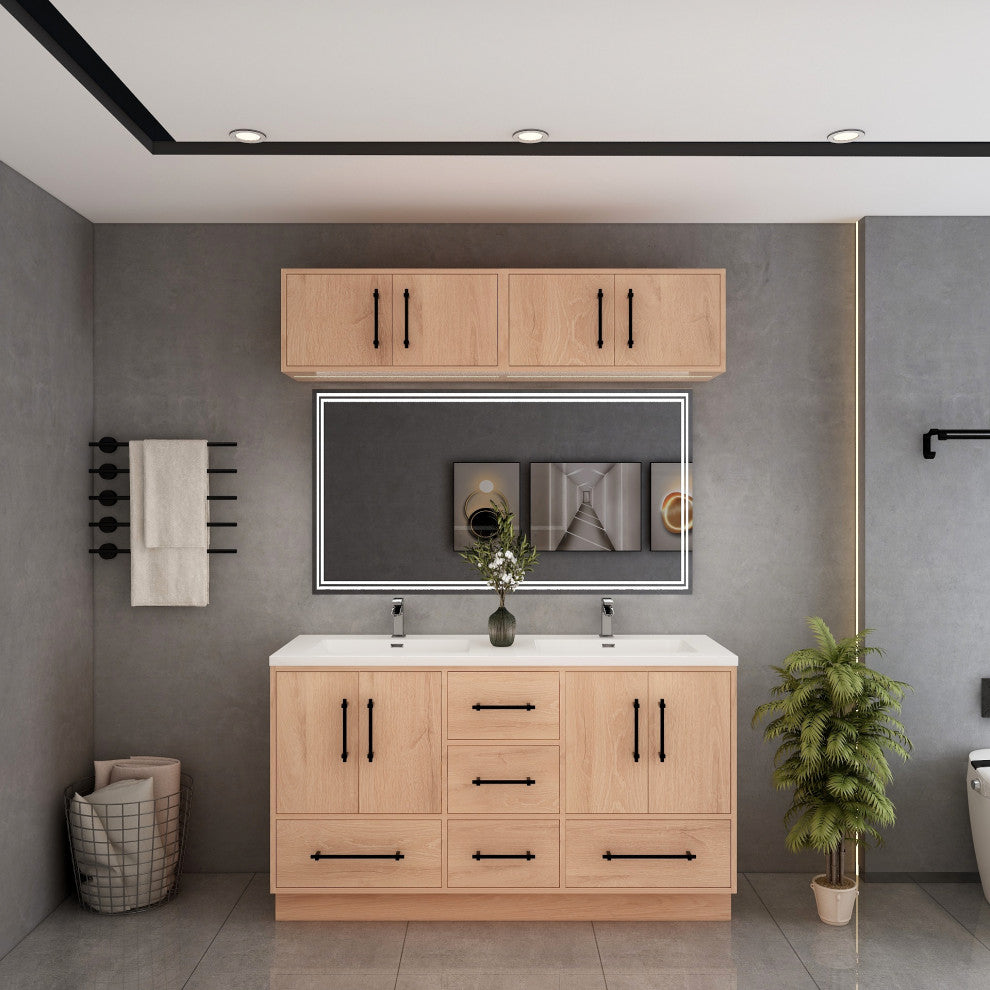 Victoria 60" Solid Wood Vanity Double Sink, Overhead Cabinet, Red Oak