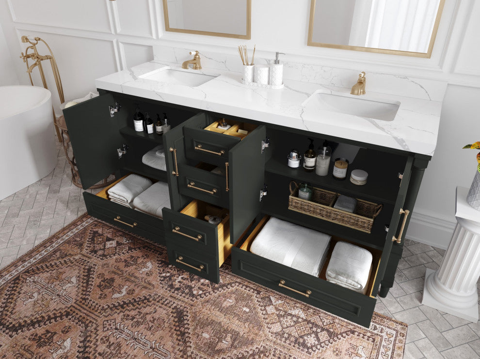 Aberdeen 72 Double Sink Bath Vanity in Black Top 2" White Quartz
