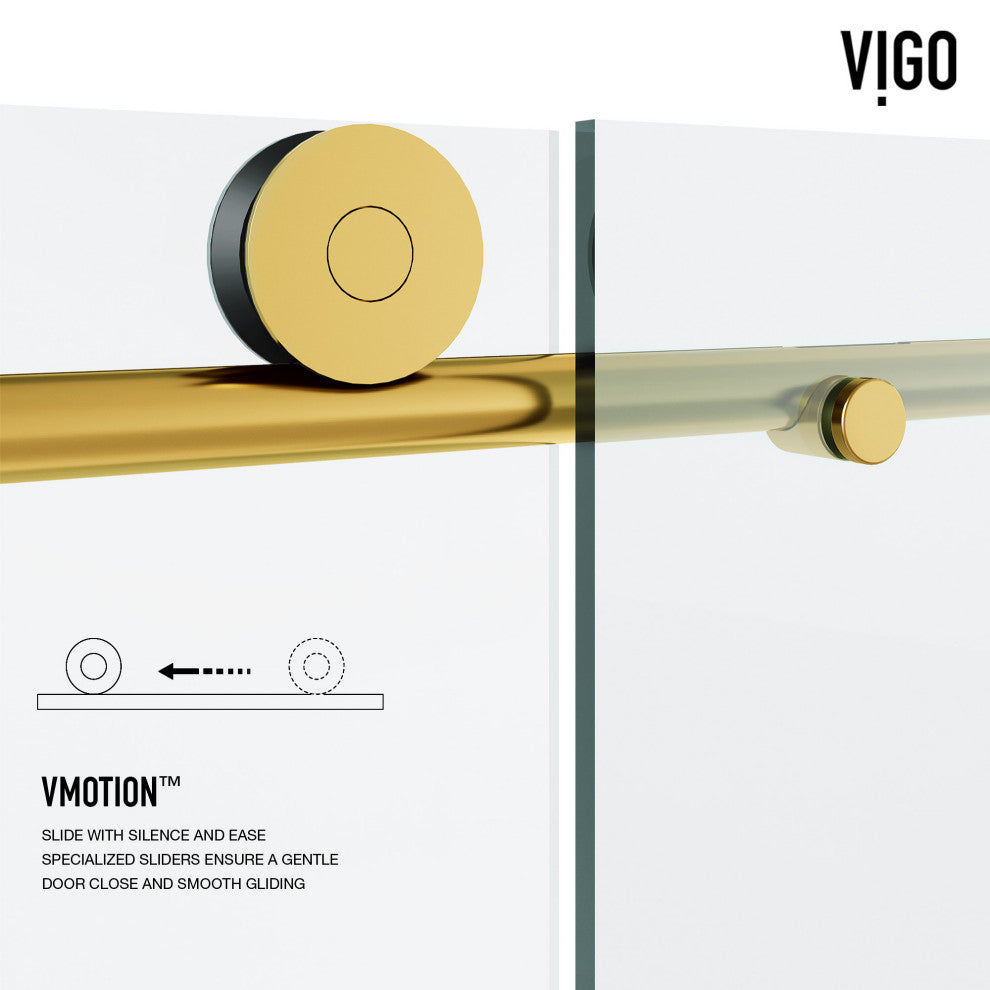 VIGO Elan Frameless Sliding Shower Door, V-Motion, Clear Glass, Matte Brushed Gold, 56" to 60" W X 76" H