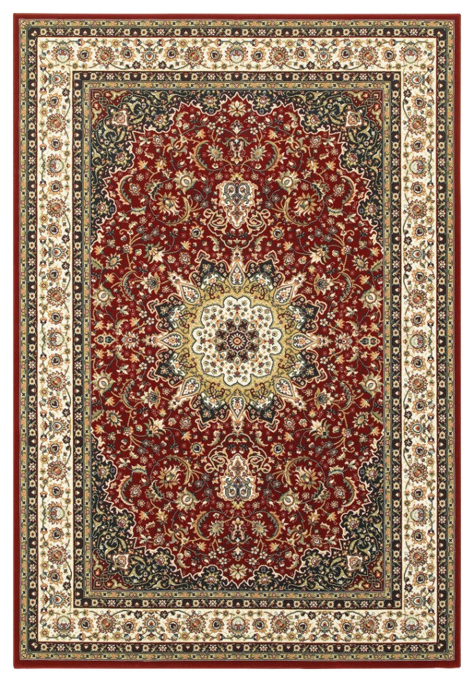 5' X 8' Red Ivory Machine Woven Oriental Indoor Area Rug