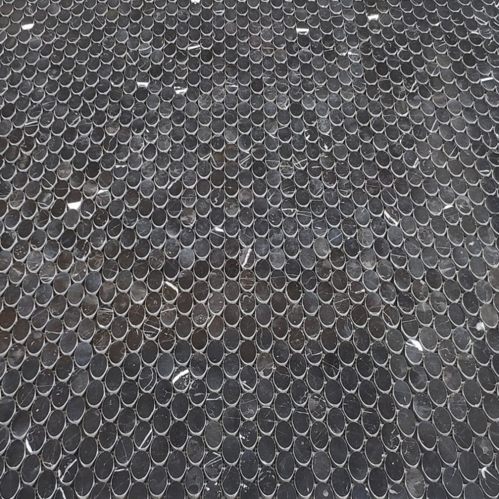 Nero Marquina Black Marble 1-1/4x5/8 Oval Ellipse Mosaic Tile Polished, 1 sheet
