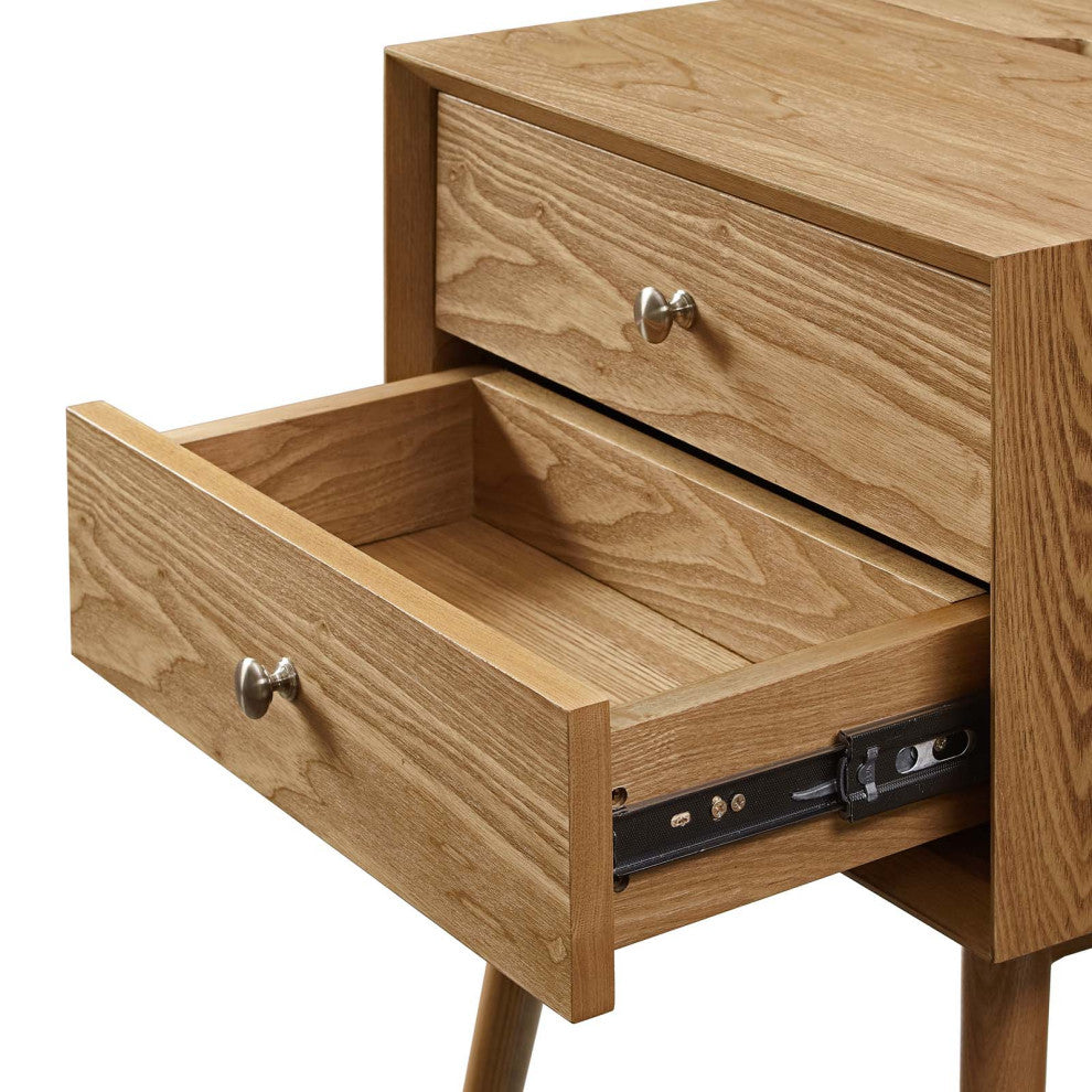 Nightstand Side End Table With USB, Wood, Brown Natural, Modern Living Room