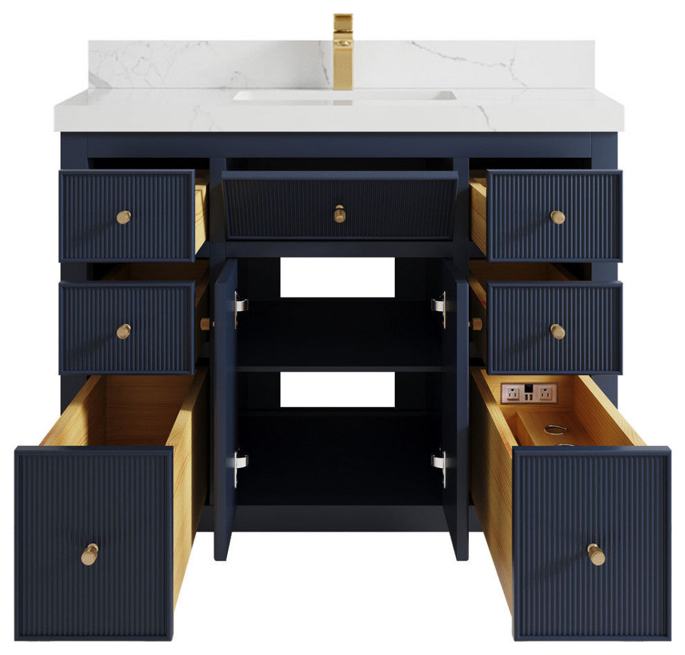 Sonoma 42 Single Sink Reeded Bath Vanity in Hale Navy Blue 2" Calacatta Laza