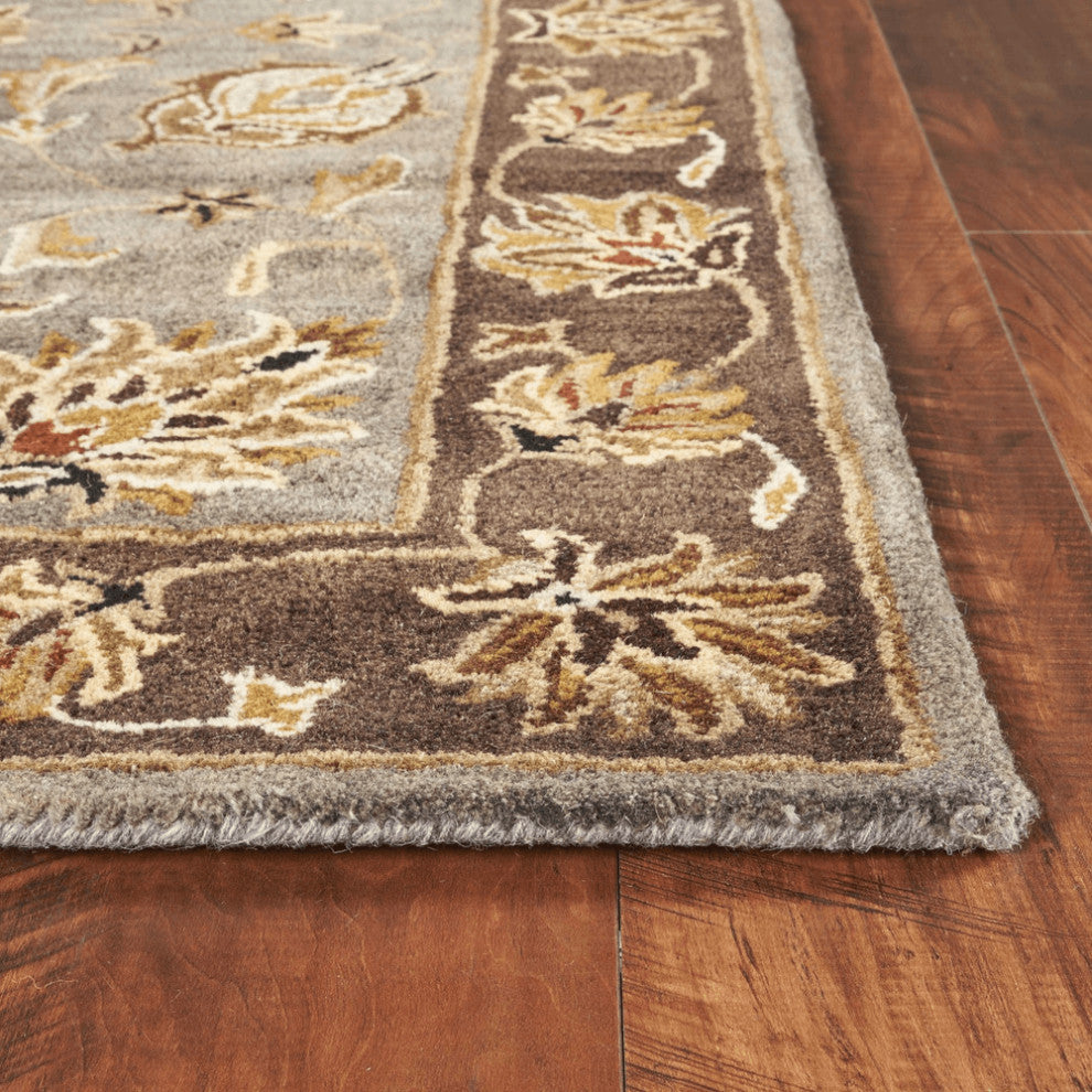 5' X 8' Grey Or Mocha  Floral Bordered Wool Indoor Area Rug